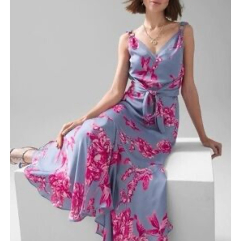 White House Black Market Pink Floral Slate Blue Ruffle Hem Midi Dress Size 14